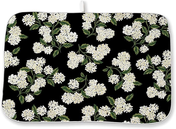 Black Hydrangea Dish Drying Mats 18x24 Inch Mats Spring Beige Green Floral by GOLIANDA