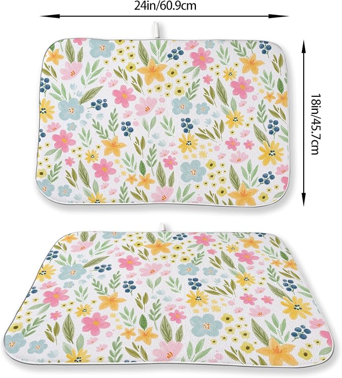 Spring Yellow Pink Blue Floral Dish Drying Mats 18x24 Inch Watercolor Flower - Image 2