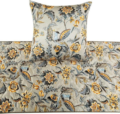 The HomeCentric King/Queen/Twin Grey & Yellow Decorative CA King 86"x18" Bed Runner Without Pillow Cover, Peacock, Quilted & Tassels Bed Scarf on Satin Fabric - Peacock Swag