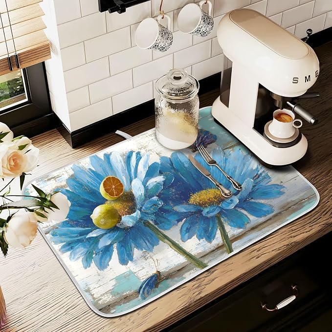Rustic Daisy Blue on Vintage Wooden Dish Drying Mat - Image 8