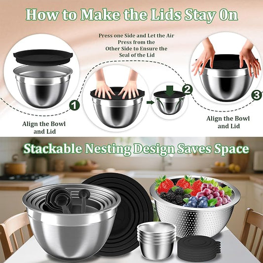Mixing Bowls with Lids Set, Metal Salad Bowls with Colander, Grater & Dressing - Image 2