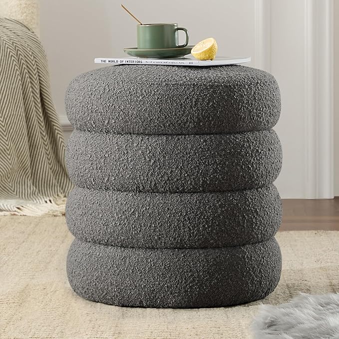 Round Ottoman with Storage Boucle Ottoman Stool with Storage Removable Lid by Krcix