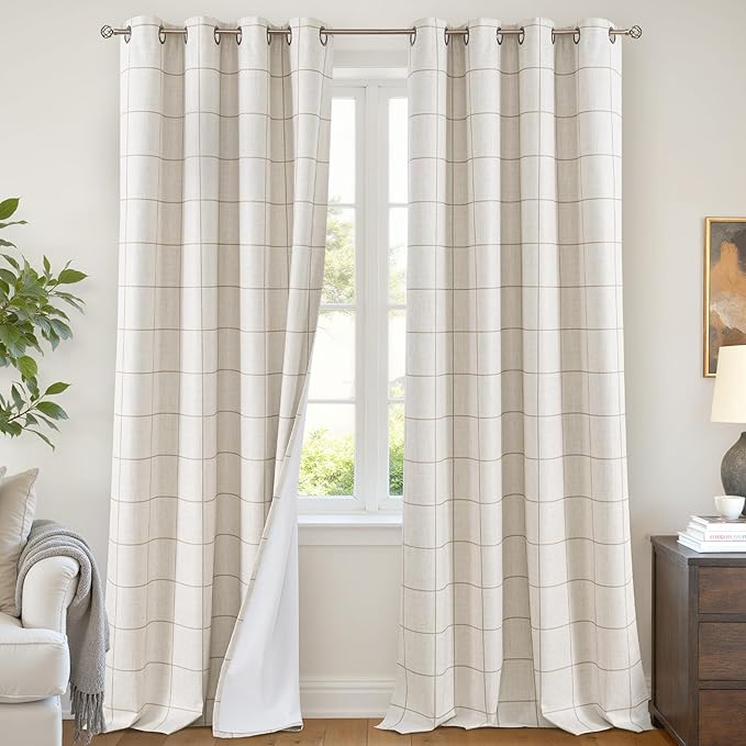 Plaid Curtains Pattern Printed 90 Inches Long - Total Linen Blackout Curtains for Living Room, Boho Cottage Core Grommet Drapes for Farmhouse Thermal Drapery 52x90 Inch 2 Panels, Natural