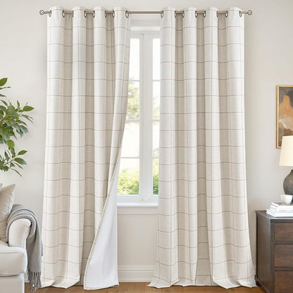 Plaid Curtains Pattern Printed 90 Inches Long - Total Linen Blackout Curtains for Living Room, Boho Cottage Core Grommet Drapes for Farmhouse Thermal Drapery 52x90 Inch 2 Panels, Natural