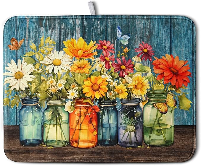 Daisy Dish Drying Mat for Kitchen Counter 18x24 Inch Rustic Vintage Flower by Kwlegh