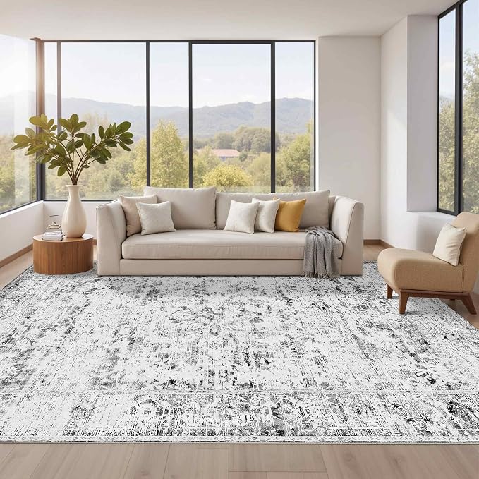 8x10 Large Area Rugs for Living Room, Vintage Grey Rugs for Bedroom, Washable by OHWPEAT