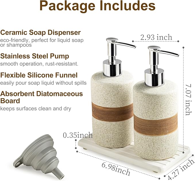 2-Pack Ceramic Soap Dispensers Set, Includes Stainless Steel Pump, Silicone - Image 4