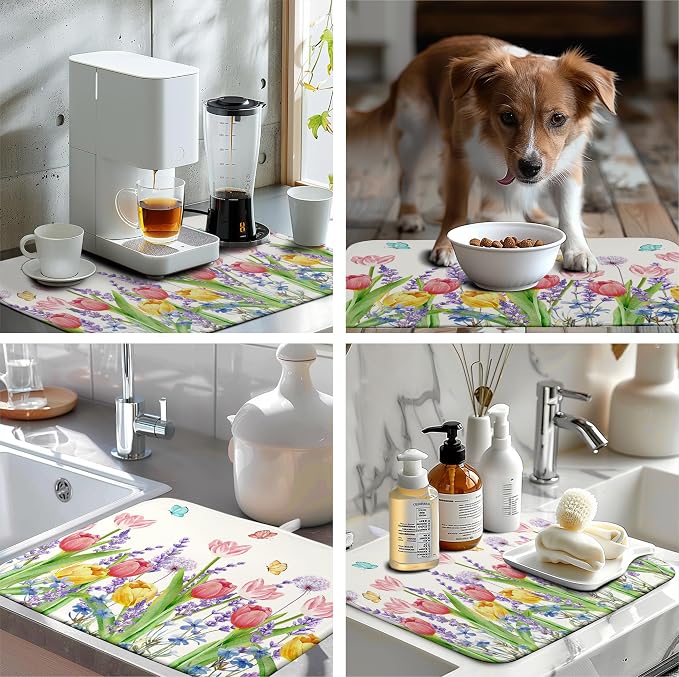 Spring Floral Dish Drying Mat for Kitchen Counter Tulip Lavender Flower Dishes - Image 7