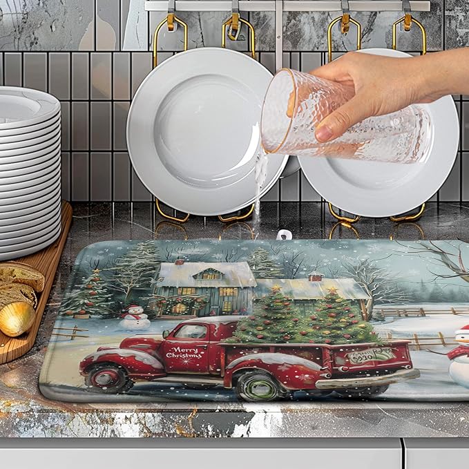 Christmas Red Truck Xmas Tree Snowman Dish Drying Mat - Image 5
