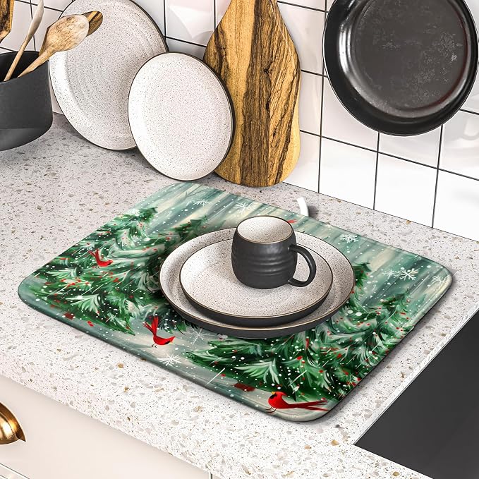 Winter Pine Tree Dish Drying Mat Red Bird Berry Dishes Drainer Mats Absorbent - Image 5