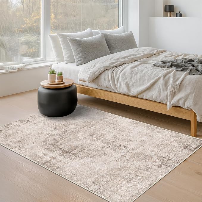 Washable Beige Brown Rugs for Entryway Indoor - 3x4 Throw Rug for Large Kitchen, Bedroom Bedside, Bathroom, Mudroom, Mordern Abstract Medallion Décor, Non Slip Low Pile Fade Resistant
