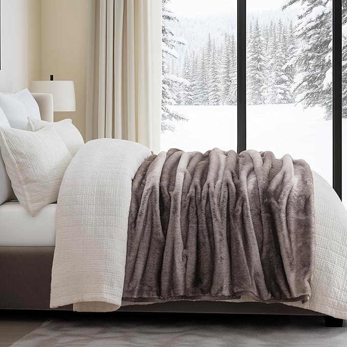 EVERGRACEHOME Ultra Soft Luxury Fluffy Mink Faux Fur Throw Blanket, Thick Warm Fall Winter Blankets for Bed, Couch, Cozy Plush Reversible Blanket for Chair, Sofa (Ombré Hazel Brown, 60"x80")