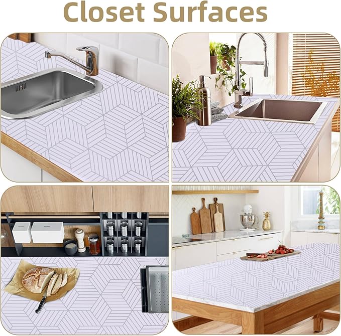 Shelf Liners for Kitchen Cabinets 12in x 10FT, Non Adhesive Cabinet Liner Strong Non-Slip Thickened Silver Geometric Easy to Clean for Shelf, Cabinet, Refrigerator with Knife and Tape Measure