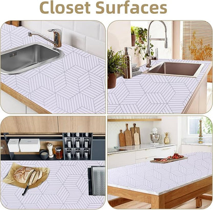 Shelf Liners for Kitchen Cabinets 12in x 10FT, Non Adhesive Cabinet Liner Strong Non-Slip Thickened Silver Geometric Easy to Clean for Shelf, Cabinet, Refrigerator with Knife and Tape Measure