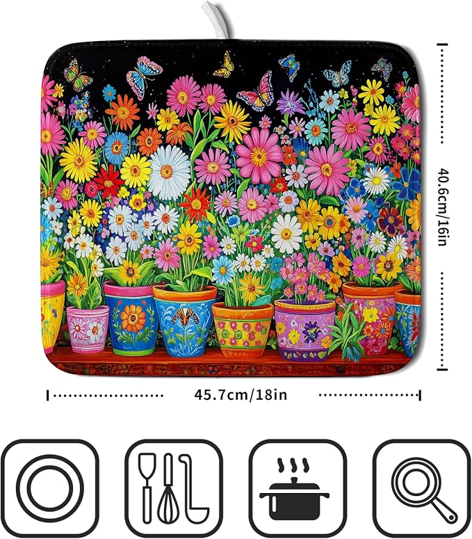 Colorful Floral Dish Drying Mat 16 X 18 Black Spring Flowers Absorbent - Image 2