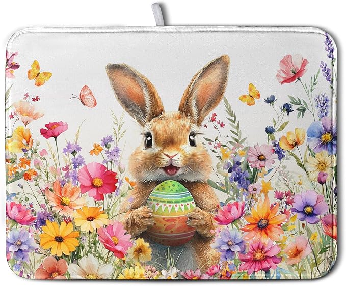 Spring Easter Dish Drying Mat for Kitchen Counter Easter Bunny Rabbit Eggs by Wnoesat