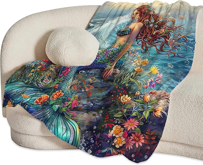 Mermaid Throw Blanket - Ocean Blanket for Girls, Women, Boys & Men - Soft, Warm & Cozy Fleece - 60"x50"