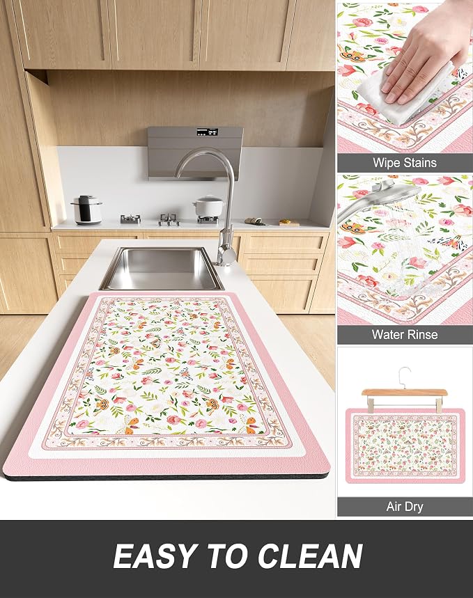 Rnivvi Dish Drying Mat for Kitchen Counter, 12 x 19" Cute Flower Theme Super - Image 6