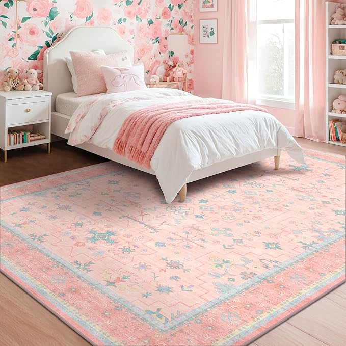 Washable Pink and Blue 7x9 Boho Rugs for Bedroom Girls, Living Room Kids Playroom Nursery Room, Modern Floral Distressed Design, Soft Low Pile Non Slip Stain Resistance Carpet