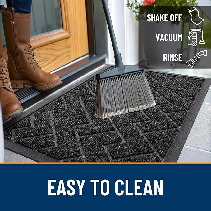 OLANLY Front Door Mat Indoor Outdoor Entrance, Waterproof All-Season, All-Weather Doormat, Sturdy Natural Rubber, Low Profile, Easy Clean Patio Porch Entryway Mat, Herringbone Brick (Black, 36x24)