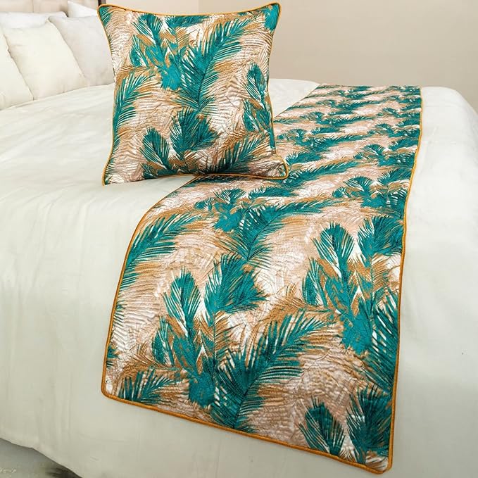 The HomeCentric King/Queen/Twin Green Decorative CA King 86"x18" Bed Runner with 2 Pillow Cover, Plam Leaves & Quilted Bed Scarf on Satin Fabric - Palms