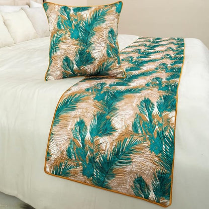 The HomeCentric King/Queen/Twin Green Decorative CA King 86"x18" Bed Runner with 2 Pillow Cover, Plam Leaves & Quilted Bed Scarf on Satin Fabric - Palms