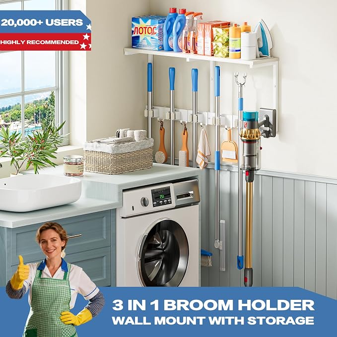 Broom Holder Wall Mount with Cleaning Supplies Organizer, Laundry Room - Image 2