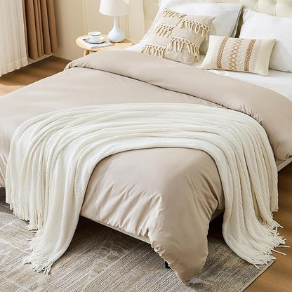 inhand Throw Blanket for Couch Bed,Chunky Chenille Woven Soft Blankets with Tassels,Cozy Boho Farmhouse Fall Winter Decor,Warm for Women,50"x60",Medium Thick-Off White