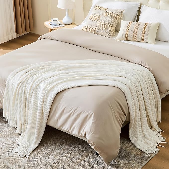 inhand Throw Blanket for Couch Bed,Chunky Chenille Woven Soft Blankets with Tassels, Cozy Boho Farmhouse Fall Winter Decor,Warm for Women,60"x80",Medium Thick-Off White