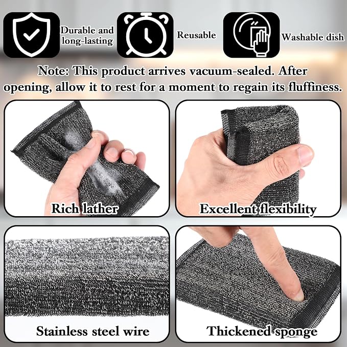 6 Pack Steel Wool Scrubber Sponges, Heavy Duty Stainless Steel Scouring Pads - Image 3
