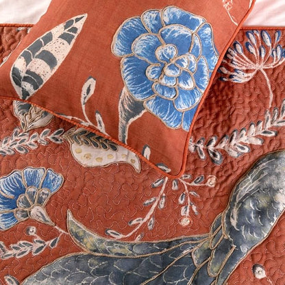 The HomeCentric Orange Bed Runner, King Size 90"x18" Decorative Bed Runner with 2 Matching Pillow Cover, Rust or Orange Linen Bed Scarf in Quilted Peacock, Linen & Jute Embroidery - Peacock Soiree