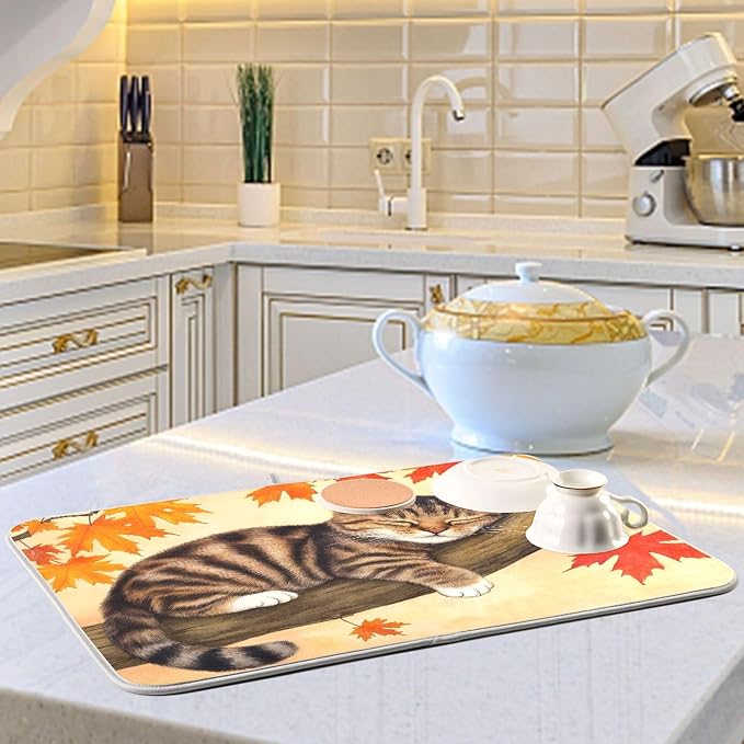 Fall Cats Dish Drying Mat for Kitchen Countertop 16x18 Autumn Maple Leaves - Image 6