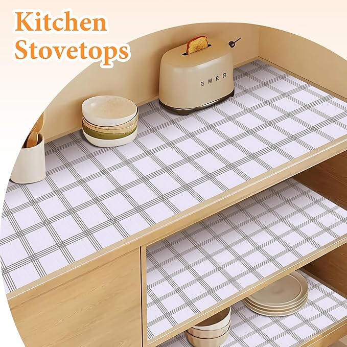 Shelf Liner for Kitchen Cabinets Non Adhesive Drawer Liner Non-Slip Thickened Shelf Liner Paper Strong Easy to Clean for Tool Box Refrigerator with Knife and Tape Measure, White Square, 11.8 x 118 in