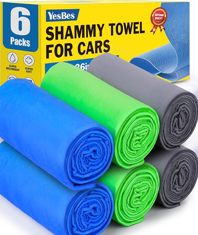 6 Pack Premium Shammy Cloth for Car Drying, 26”x17” Chamois Towel for Car by YesBes