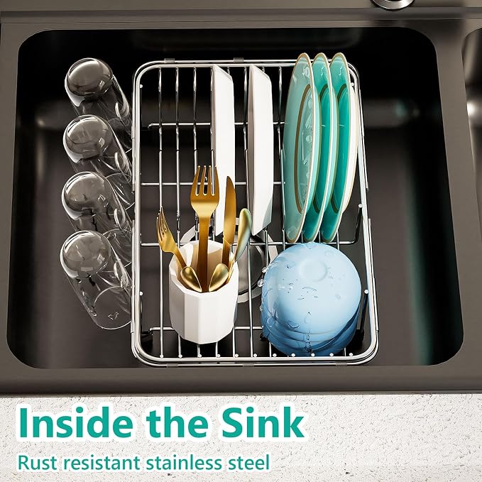 Dish Drying Rack in Sink Expandable Stainless Steel Kitchen Dish Drainer - Image 4
