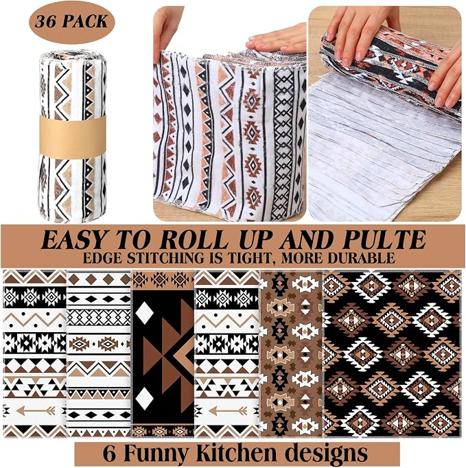 36 Pack Western Aztec Reusable Cleaning Cloths Washable Cotton Kitchen Towels - Image 2
