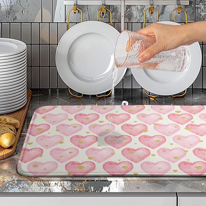 Valentines Dish Drying Mat Valentine Dishes Drying Pad Pink Golden Heart Love - Image 4
