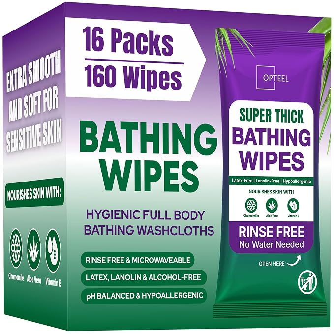Super Thick Bathing Wipes for Adults Bathing No Rinse – Full Body Shower Wipe by OPTEEL