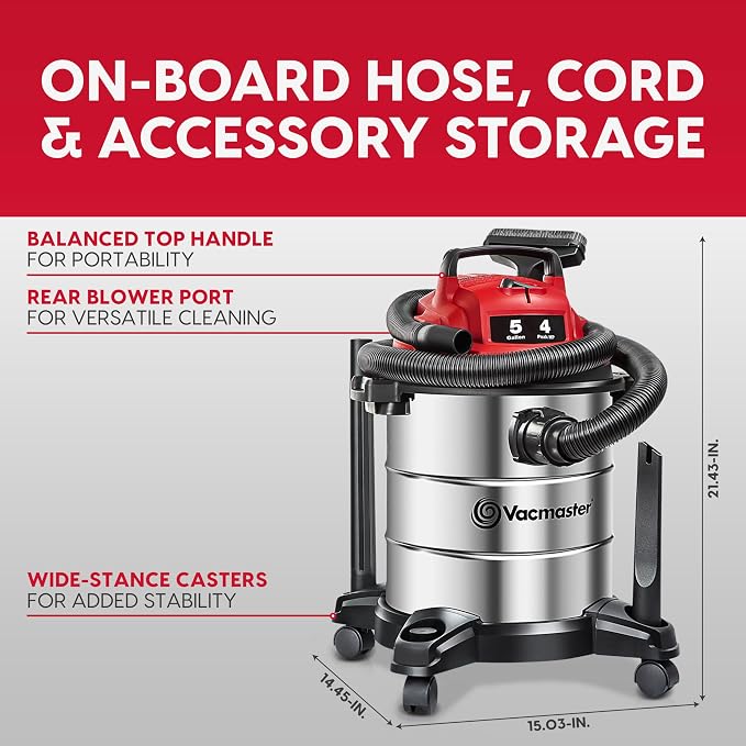 Vacmaster 5-Gallon* 4 Peak HP Stainless Steel Wet/Dry Vacuum – VOC508S 1101 - Image 3