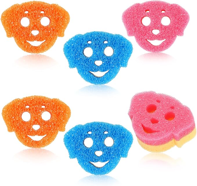 6 Pcs Dog Dual Sided Scrub Sponge Cleaning Sponges Cute Temperature Sensitive by FillTouch
