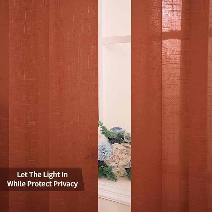 MIULEE Burnt Orange 2 Panels 84 Inch Long Farmhouse Linen Sheer Window Curtains Elegant Terracotta Rust Fall Autumn Drapes Grommet Top Linen Textured Voile for Bedroom Living Room (52 X 108 Inch)