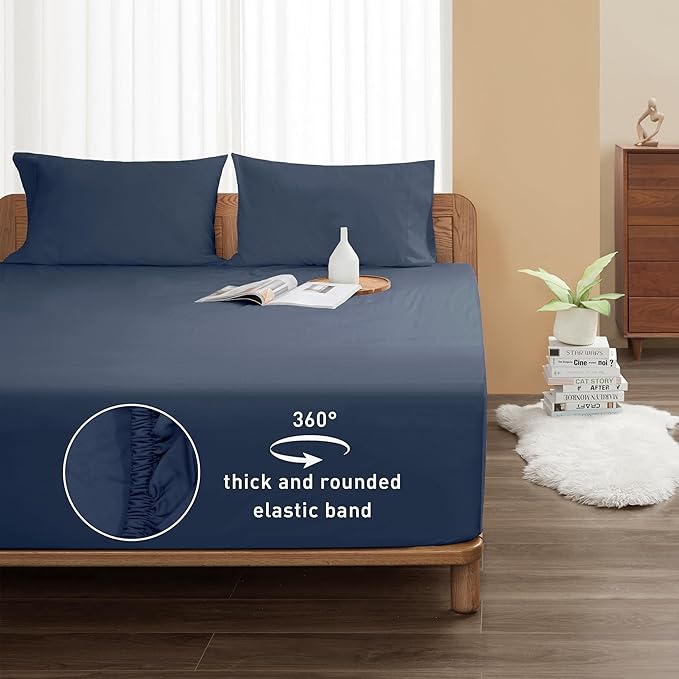 Sunflower California King Fitted Sheet, 1-Piece Deep Pocket Fitted Bottom Sheet 16", 100% Cotton Sateen Soft Breathable, Blue Indigo