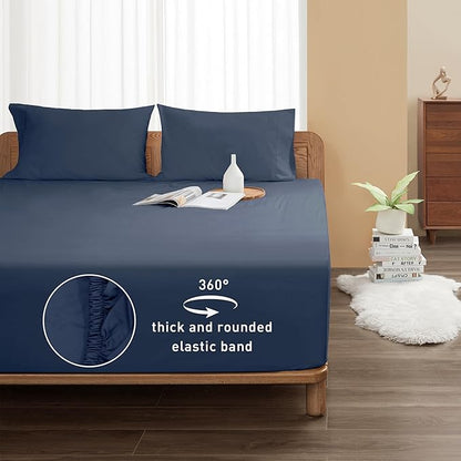 Sunflower Full Fitted Sheet, 1-Piece Extra Deep Pocket Fitted Bottom Sheet 22", 100% Cotton Sateen Soft Breathable, Blue Indigo
