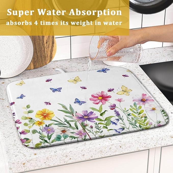 Wildflower Dish Drying Mat for Kitchen 18x16 Inch Colorful Floral Butterfly - Image 7