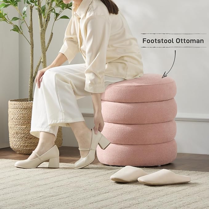 Round Ottoman with Storage Boucle Ottoman Stool Removable Lid - Image 5