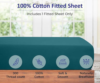 ROYALE LINENS 300 Thread Count 100% Long Staple Combed Cotton Fitted Sheet Queen - Super Soft Deep Pocket Bottom Sheet - Fitted Sheets Only - Elastic Sheets (Queen, Teal)