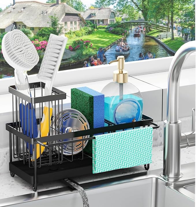 Sink Caddy Sponge Holder with Auto Draining Tray, Space-Saving Soap Dispenser by SWILLE