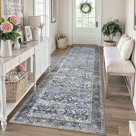 KUTA Vintage Wide Runners for Hallways 3x10 ft Blue Grey Beige Washable Kitchen Runner Non Slip Long Hall Runners Entryway Runner Rugs Floor Carpet for Indoor Backdoor Bedroom Kitchen