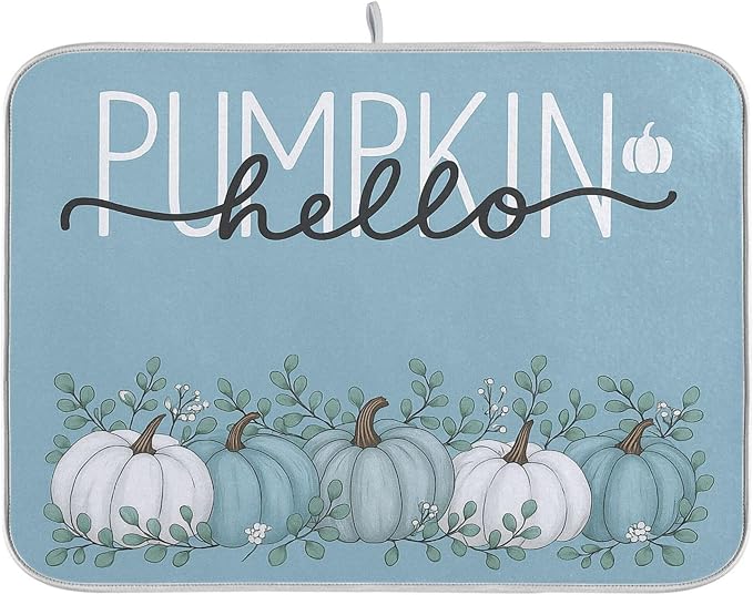 Fall Pumpkin Aqua Blue Dish Drying Mat by Wamika