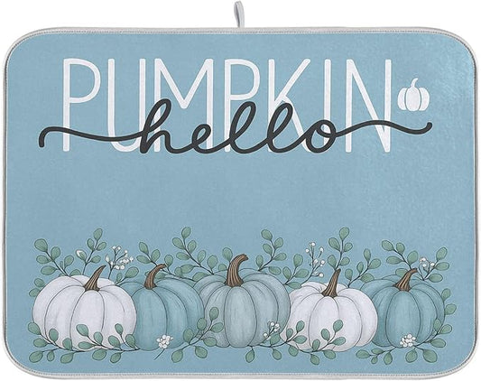 Fall Pumpkin Aqua Blue Dish Drying Mat by Wamika